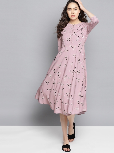 

Carlton London Women Mauve & Black Printed A-Line Dress