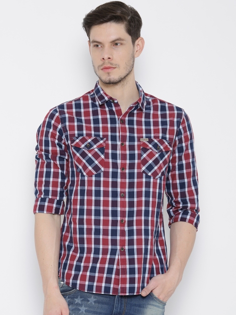 

Flying Machine Navy & Maroon Checked Casual Shirt, Navy blue