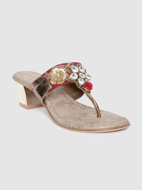 

Rocia Red & Gold-Toned Embellished Block Heels