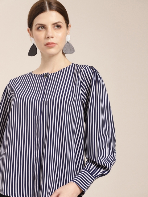 

her by invictus Women Navy Blue & White Regular Fit Striped Casual Shirt