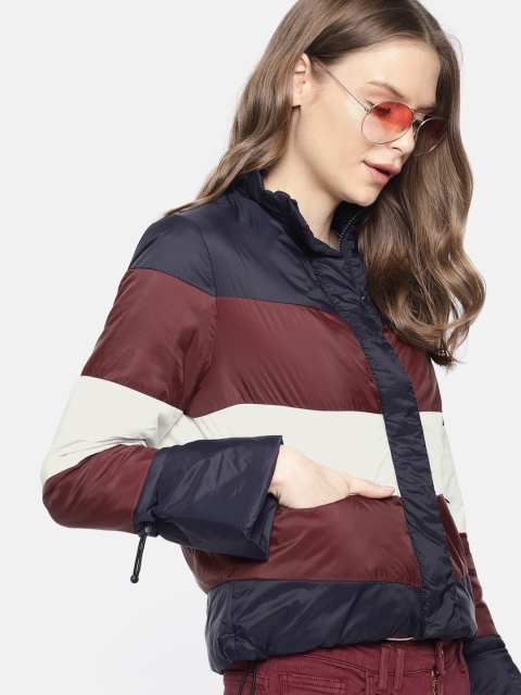 

Mast & Harbour Women Navy & Maroon Colourblocked Lightweight Jacket, Navy blue