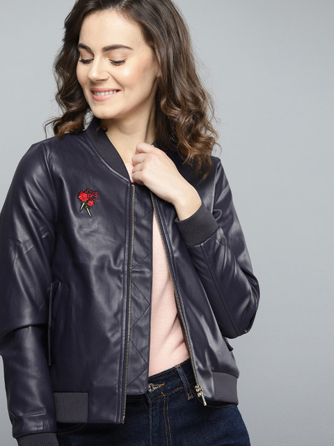 

Mast & Harbour Women Navy Blue Solid Bomber Jacket