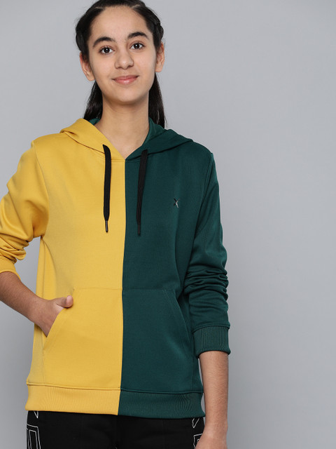 

HRX by Hrithik Roshan Girls Mustard Yellow Colourblocked Hooded Lifestyle Sweatshirt
