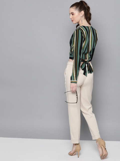 

Carlton London Women Green & Black Striped Wrap Top