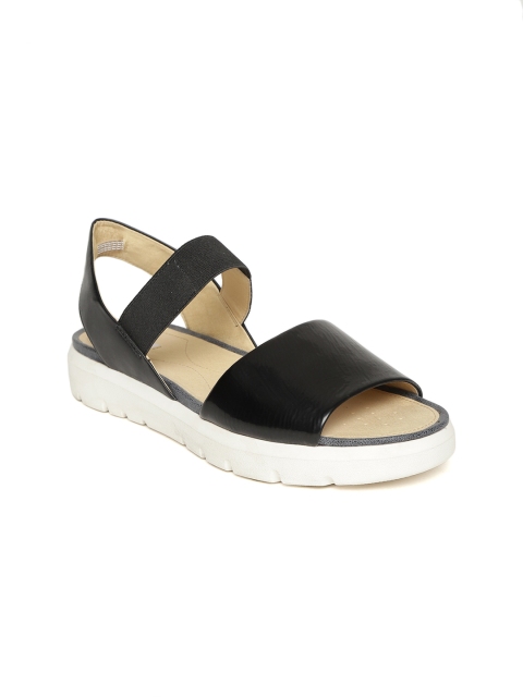 

Geox Women Black Solid Leather Open Toe Flats