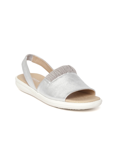 

Geox Women Silver-Toned Solid Leather Open Toe Flats