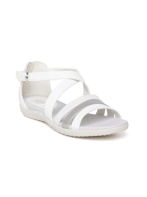 

Geox Women White & Silver-Toned Leather Open Toe Flats