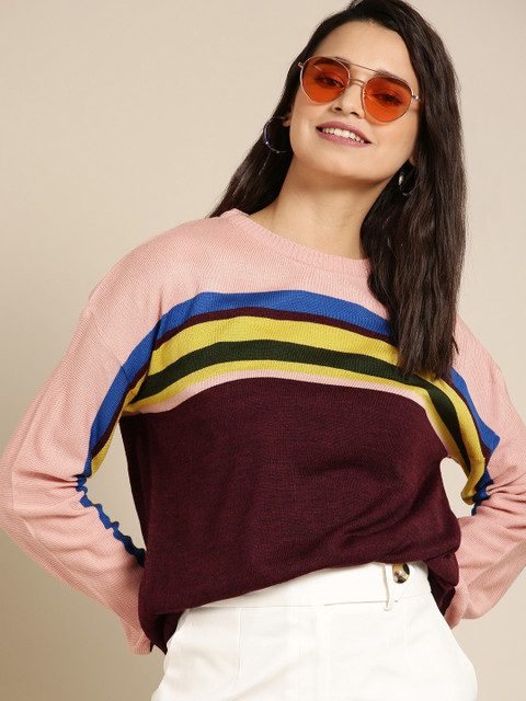 

DressBerry Women Burgundy & Peach-Coloured Colourblocked Sweater