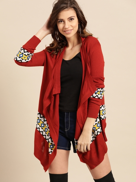 

DressBerry Women Rust Red & White Woven Design Open Front Shrug