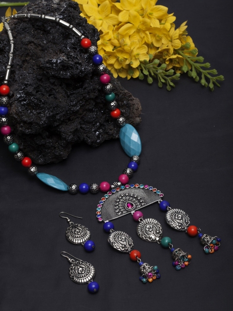 Women Silver-Plated Multicoloured Afghan Jewellery Set