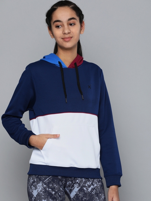 

HRX by Hrithik Roshan Girls Navy Blue & White Colourblocked Hooded Lifestyle Sweatshirt