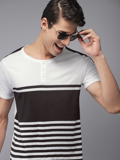 

HERE&NOW Men White & Black Striped Henley Neck T-shirt