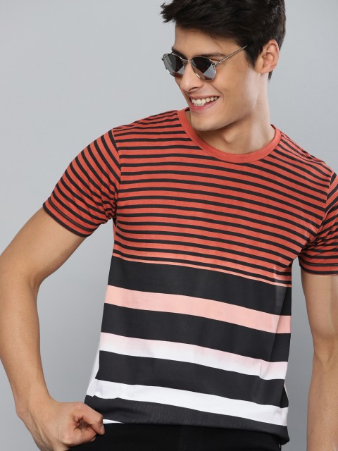 

HERE&NOW Men Rust Brown & White Striped Round Neck T-shirt