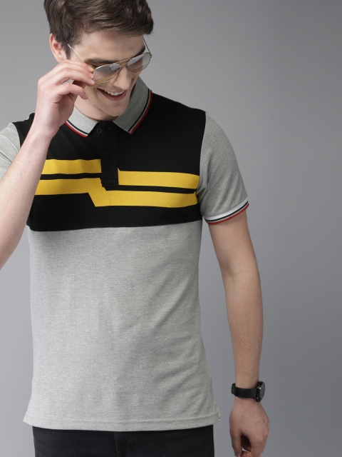 

HERE&NOW Men Grey & Black Colourblocked Polo Collar T-shirt