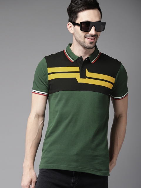 

HERE&NOW Men Olive Green & Black Colourblocked Polo Collar T-shirt