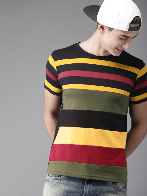 

HERE&NOW Men Black Striped Round Neck T-shirt