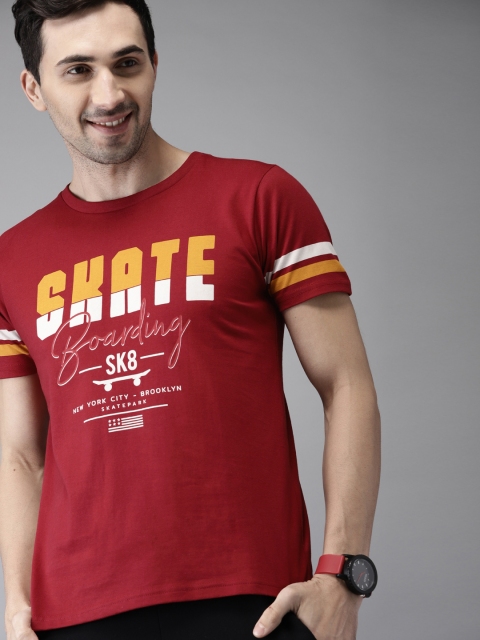 

HERE&NOW Men Maroon Printed Round Neck Knitted T-shirt