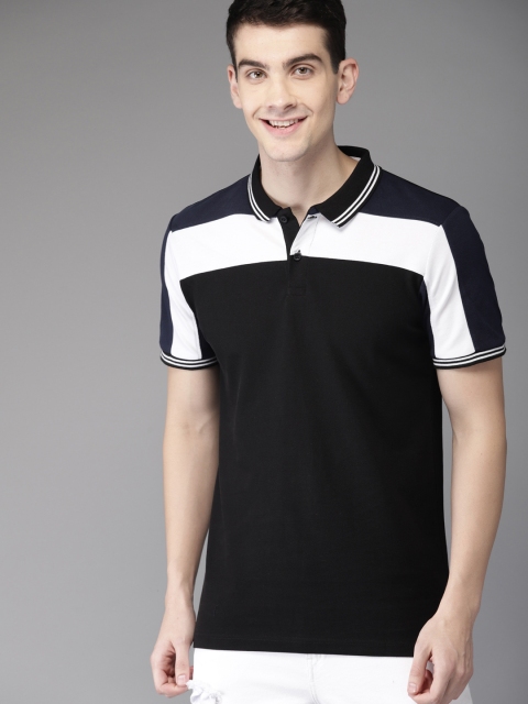 

HERE&NOW Men Black & White Colourblocked Polo Collar T-shirt
