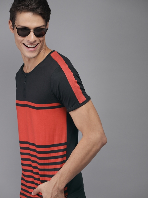 

HERE&NOW Men Black Striped Henley Neck T-shirt