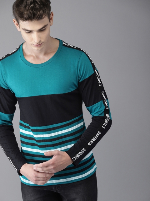 

HERE&NOW Men Teal Blue Striped Round Neck T-shirt