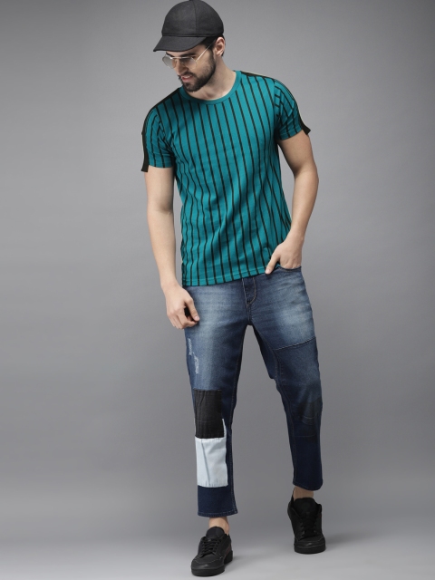 HERENOW Men Teal Blue Black Striped Cotton Pure Cotton T-shirt