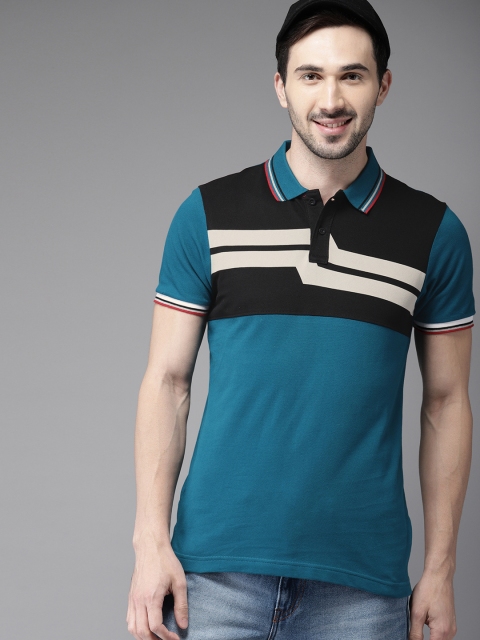 

HERE&NOW Men Teal Blue & Black Colourblocked Polo Collar T-shirt