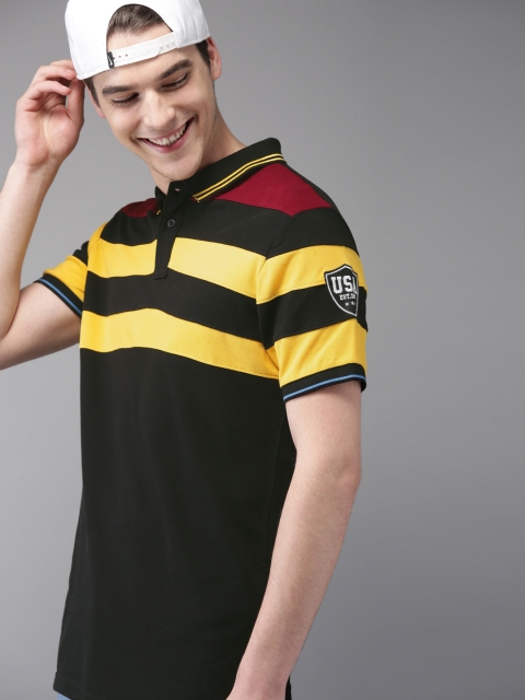 

HERE&NOW Men Black & Yellow Striped Polo Collar T-shirt