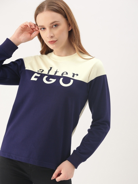 

DressBerry Women Cream-Coloured & Navy Blue Colourblocked Sweatshirt