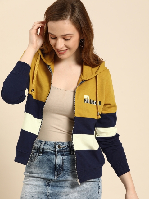 

DressBerry Women Mustard Yellow & Navy Blue Colourblocked Hooded Sweatshirt