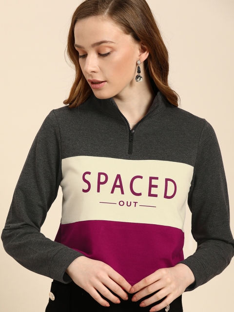 

DressBerry Women Charcoal Grey & Maroon Colourblocked Sweatshirt, Champagne