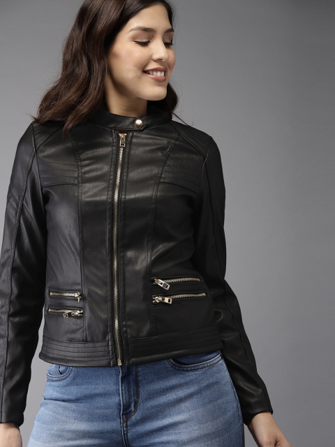 

HERE&NOW Women Black Solid Biker Jacket