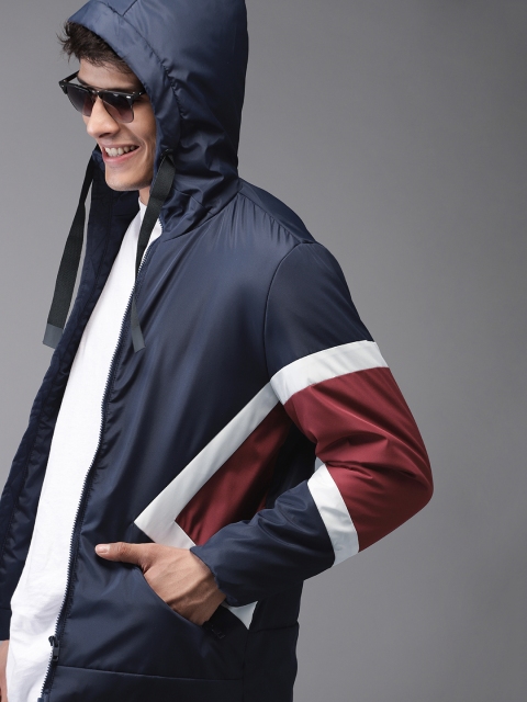 

HERE&NOW Men Navy Blue & Burgundy Colourblocked Hooded Padded Jacket