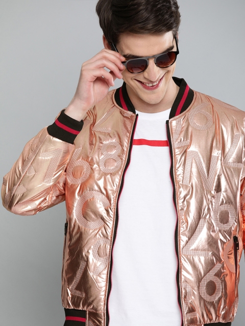 

HERE&NOW Men Copper-Coloured Self Design Bomber Jacket