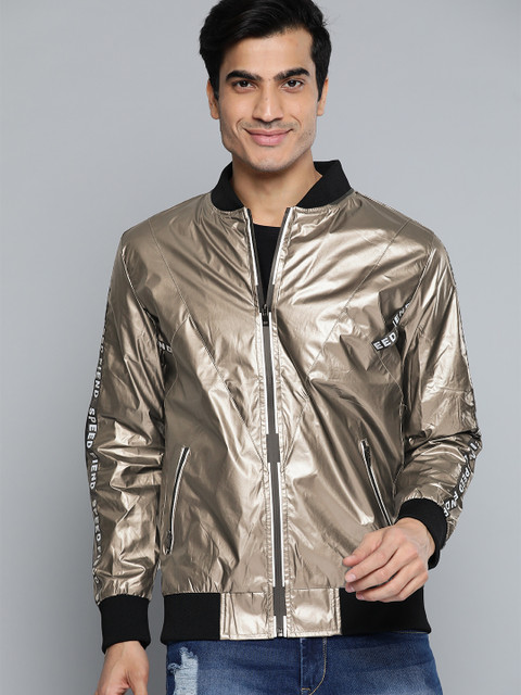 

HERE&NOW Men Golden Solid Windcheater Bomber Jacket, Gold