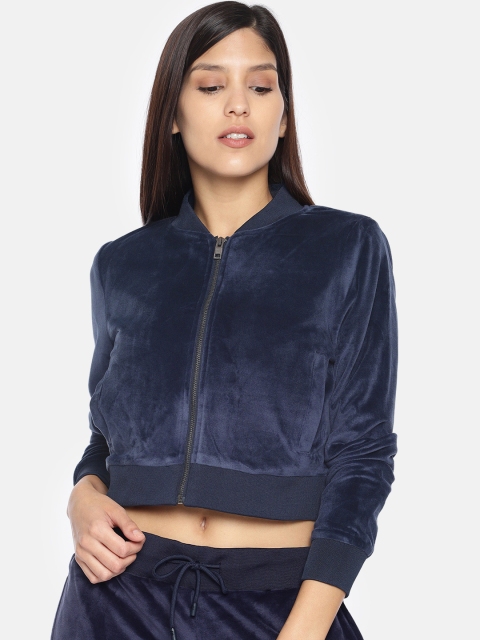 

HERE&NOW Women Navy Blue Solid Crop Sweatshirt