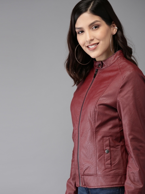 

HERE&NOW Women Maroon Solid Biker Jacket