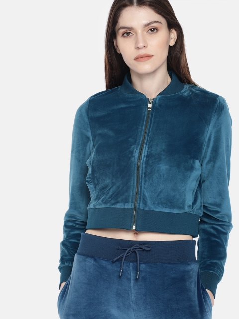 

HERE&NOW Women Teal Green Solid Crop Sweatshirt