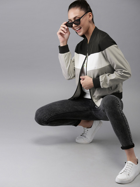 

HERE&NOW Women Grey & Black Colourblocked Bomber Jacket