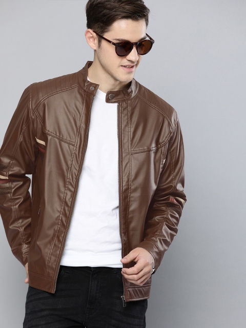 

HERE&NOW Men Brown Solid Biker Jacket