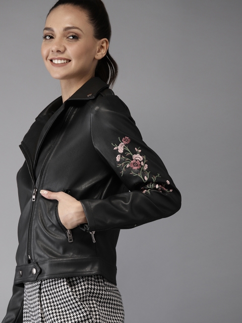 

HERE&NOW Women Black Embroidered Biker Jacket