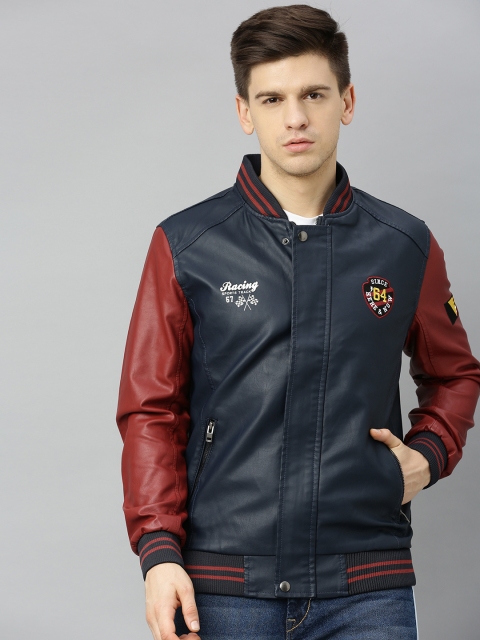 

HERE&NOW Men Navy Blue Solid Bomber Jacket
