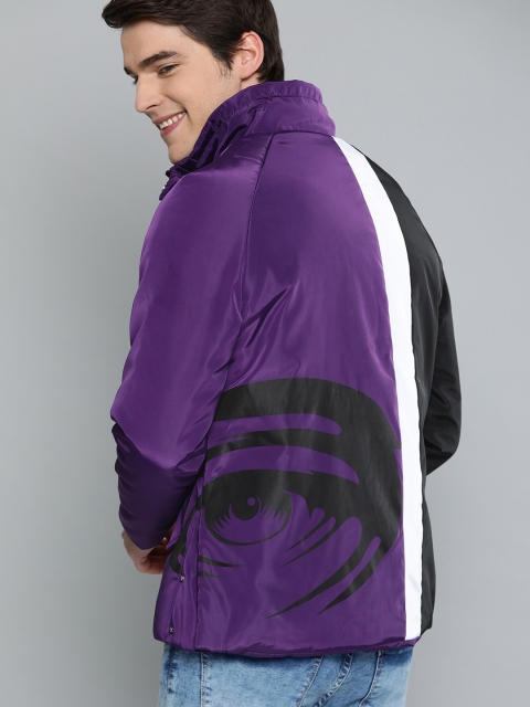 

HERE&NOW Men Purple & Black Colourblocked Padded Jacket With Printed Details
