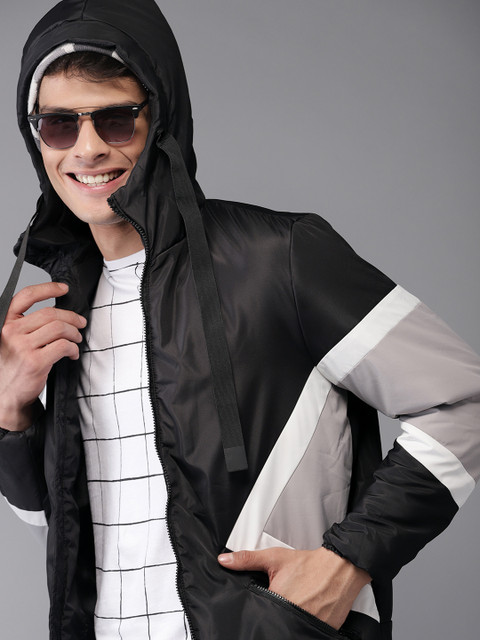

HERE&NOW Men Black & Grey Colourblocked Hooded Padded Jacket