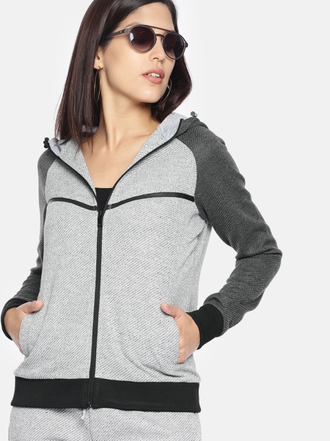 

HERE&NOW Women Grey Solid Hooded Sweatshirt