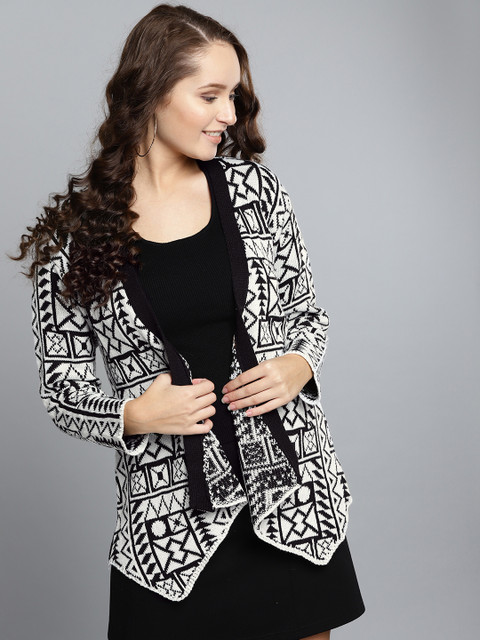 

HERE&NOW Women Black & Off-White Self-Design Front Open Sweater