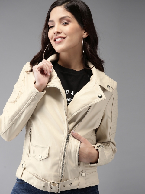 

HERE&NOW Women Off-White Solid Biker Jacket