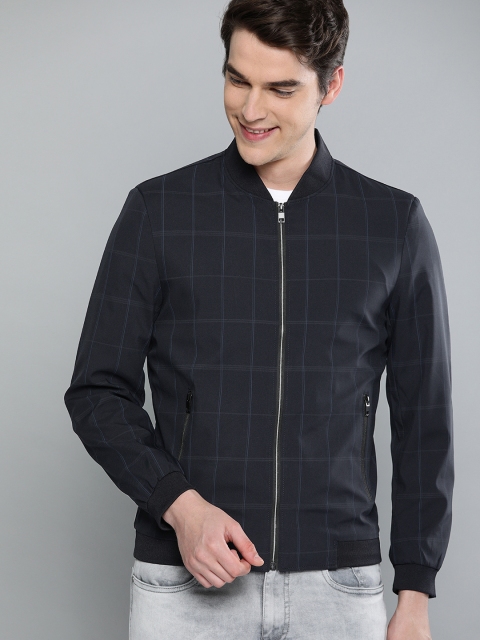 

HERE&NOW Men Navy Blue Checked Bomber