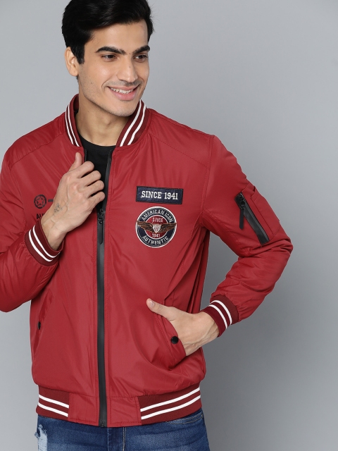 

HERE&NOW Men Maroon Solid Varsity Jacket