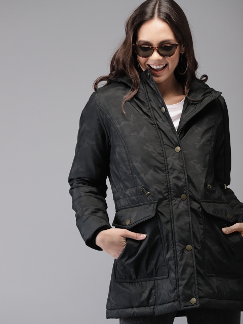 

HERE&NOW Women Black Printed Longline Hooded Padded Jacket