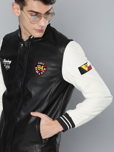 

HERE&NOW Men Black Solid Bomber Jacket With Applique Detail